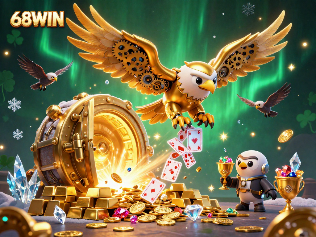 Experience thrilling gameplay at 68WIN with a dazzling eagle soaring through a treasure-filled casino world.