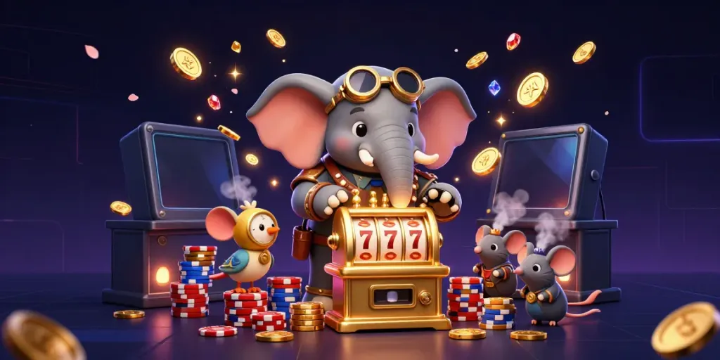 Nổ hũ engaging slots experience with a steampunk elephant engineer operating a golden slot machine.
