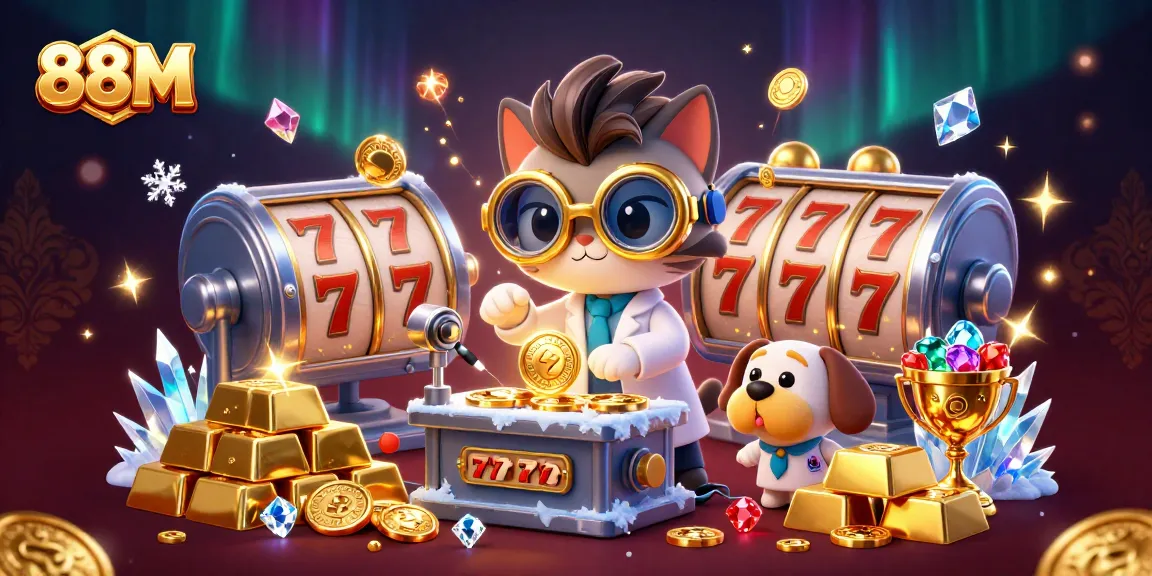 Experience the thrill of 88M as the mad scientist cat spins lucky slot reels in a treasure-filled lab.