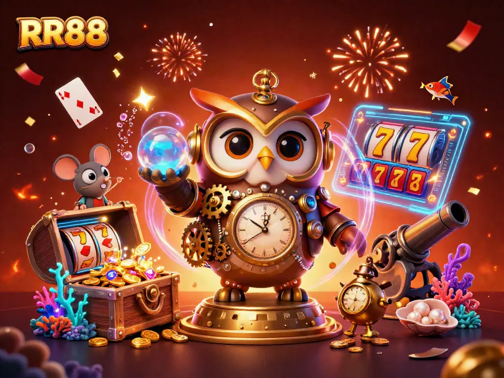 Engaging 3D scene featuring RR88, a steampunk owl, and casino elements amidst a vibrant celebration.
