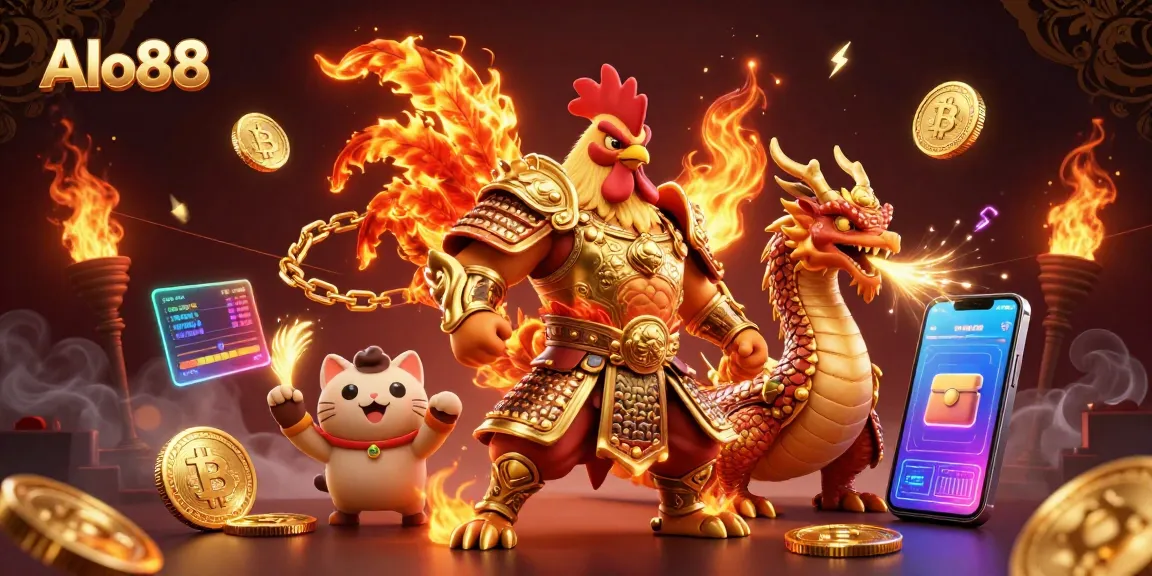 Alo88 showcases thrilling fighting rooster warriors and dragon hatchlings amidst vibrant casino graphics