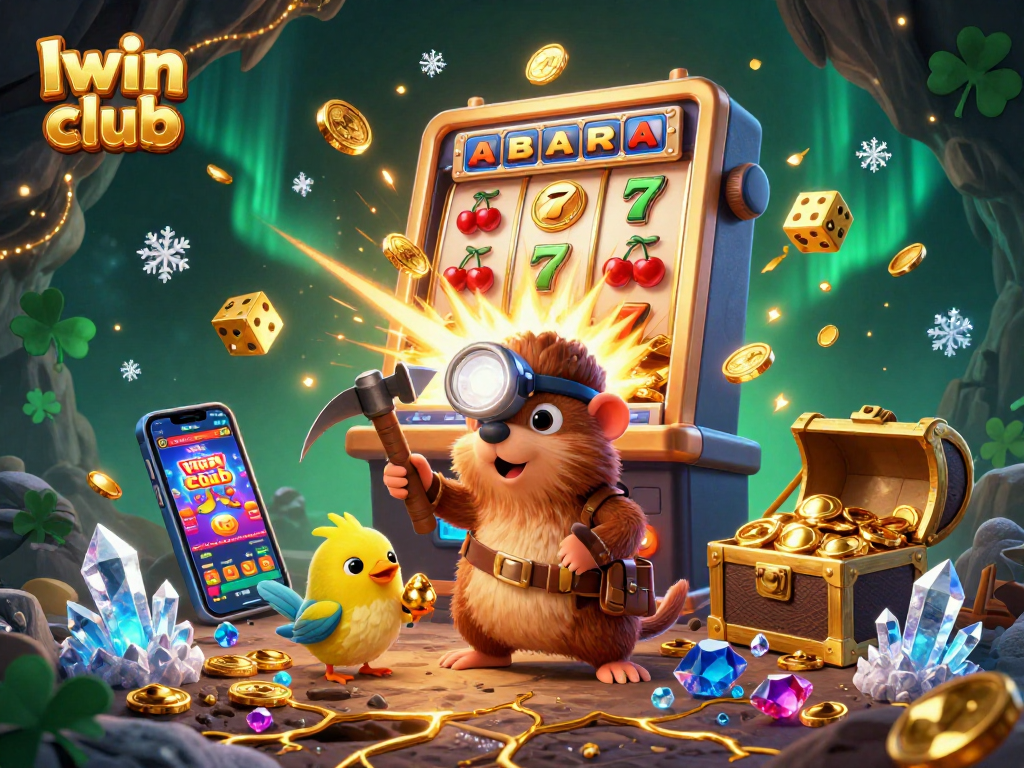 Iwin club showcases a treasure hunter mole celebrating wins amid casino symbols and gold coins.