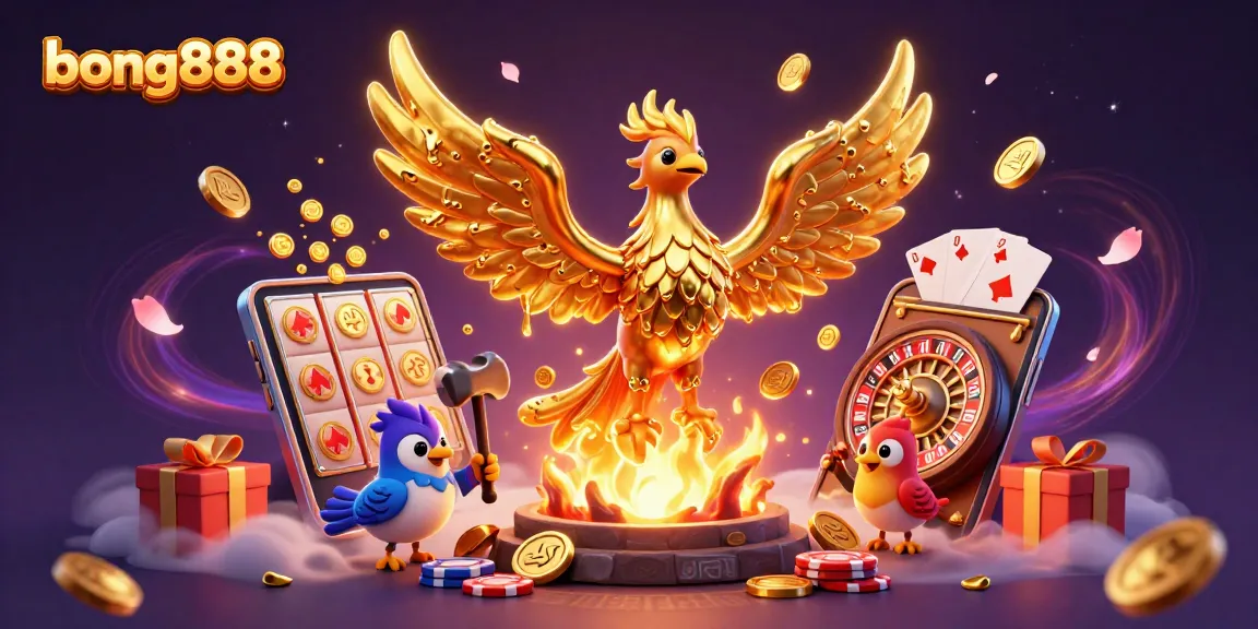 Engage with the vibrant gaming world of bong888, featuring golden phoenix, coins, smartphone slots, and casino elements.