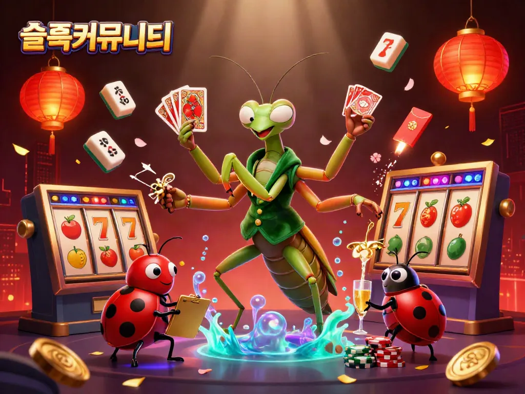 Experience the vibrant energy of 슬롯커뮤니티 with a lively casino scene featuring slot reels, jackpot counters, and dynamic characters.