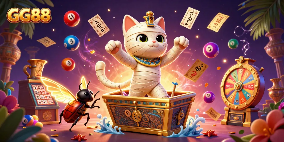 Experience GG88's vibrant casino atmosphere with an Egyptian mummy cat and glowing scarab beetle in this dynamic illustration.