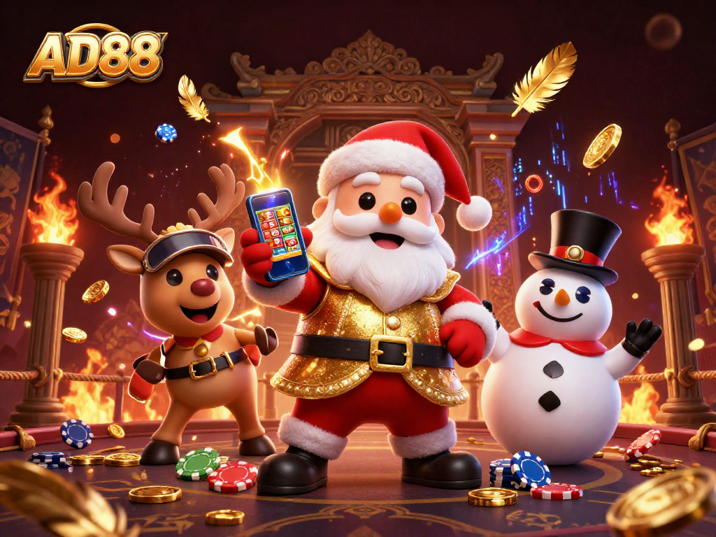 Engage with AD88's exciting casino experience featuring a festive scene of Santa and friends.