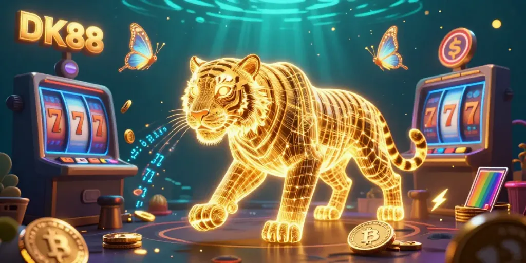 Engage with DK88's vibrant casino games featuring a golden tiger and holographic butterflies.