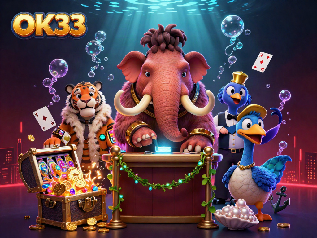 Engage with OK33's vibrant casino scene featuring a mammoth bouncer and slot games.
