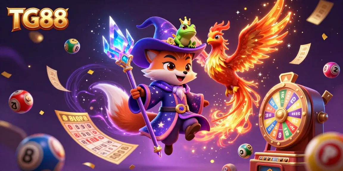 Experience the excitement of TG88 with a magical illustration of a wizard fox and phoenix in a vibrant casino scene.