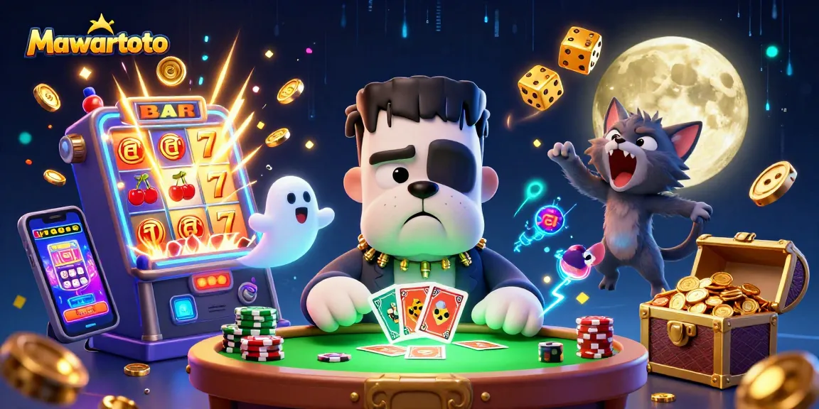 Mawartoto showcases a vibrant scene with a monster dealer and dynamic gambling elements in a 3D casino illustration.