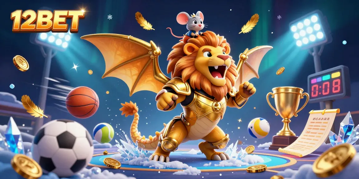Experience thrilling sports betting with 12BET, featuring a dynamic scene of gold, sports elements, and a heroic chimera.