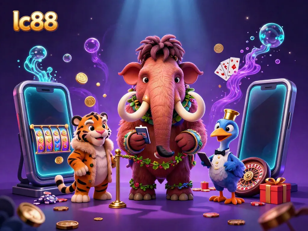 Experience thrilling gaming at lc88 with a woolly mammoth bouncer at the entrance of an exciting 3D casino scene.