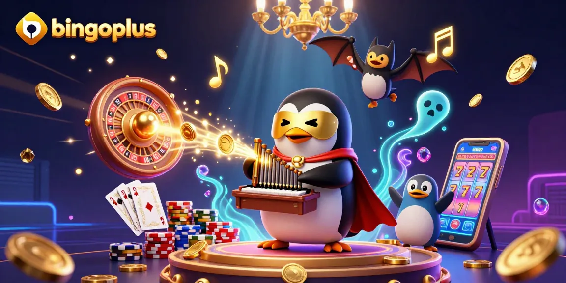 Bingoplus showcases thrilling online gambling action with a penguin playing for jackpot wins.