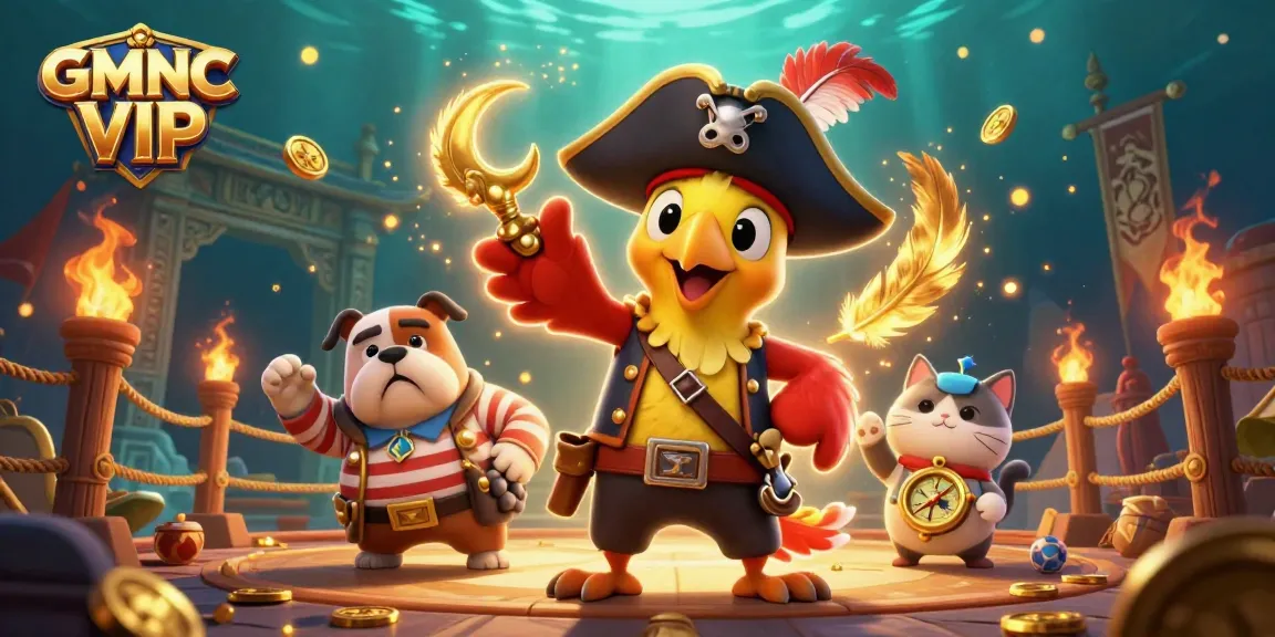 Experience the thrill of GMNC VIP with a vibrant 3D casino scene featuring a pirate captain and dynamic elements.
