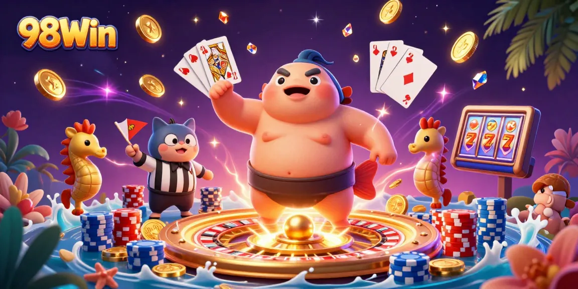 Spin the reels and win big at 98Win, featuring vibrant underwater casino action with a puffed blowfish!