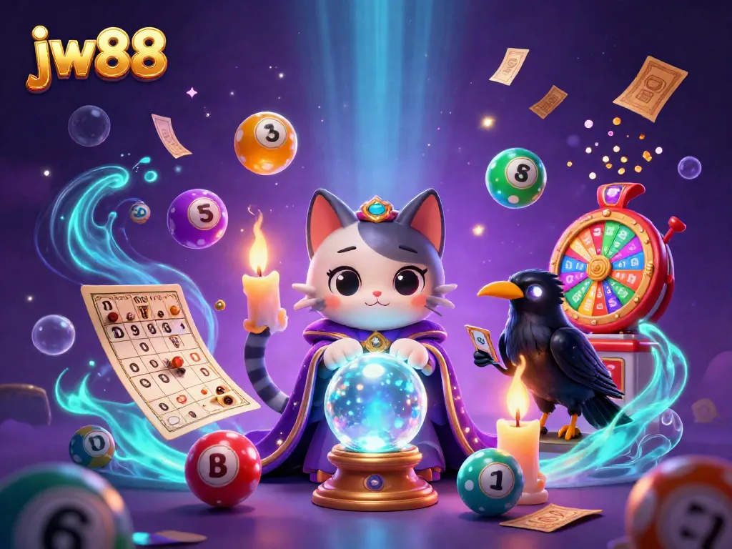 Experience the excitement of jw88 with a mystical cat, raven, and vibrant gaming elements.