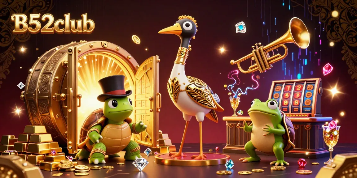 B52club players enjoying a vibrant 3D casino scene with golden treasures and slot elements.