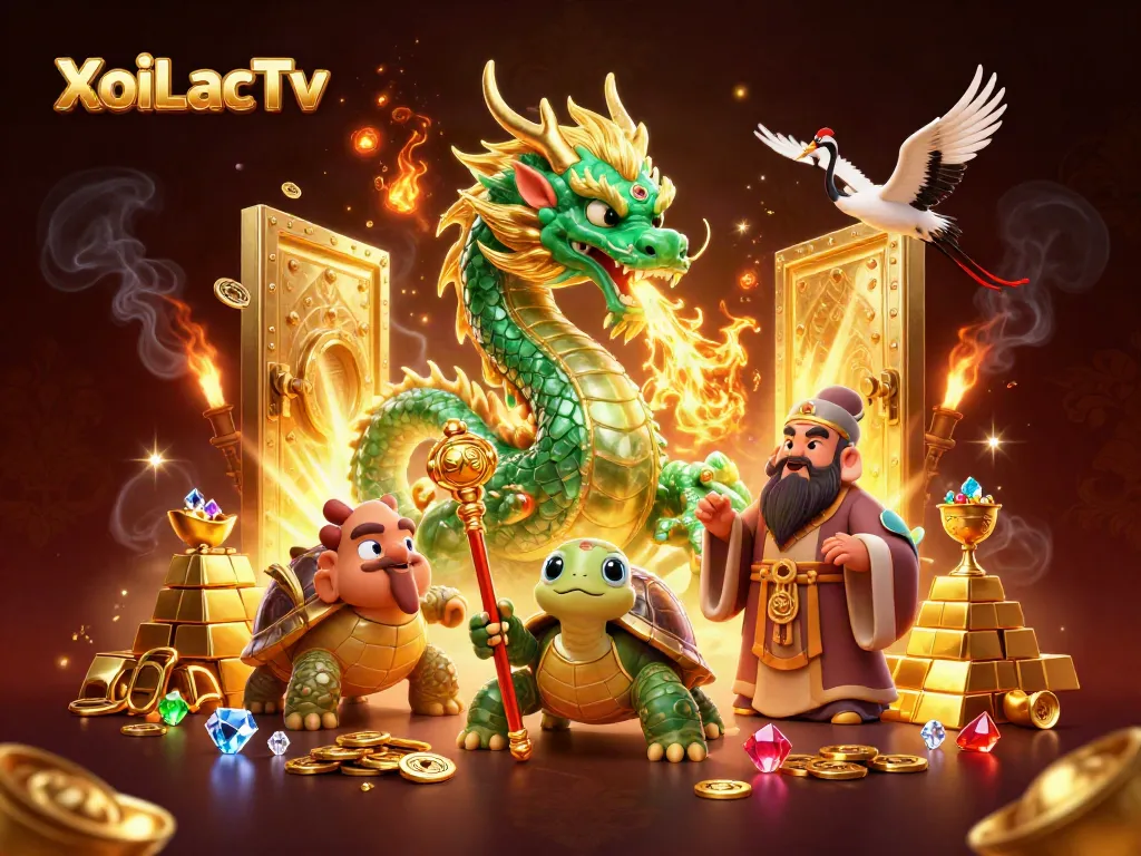 Experience excitement with XoiLacTv as the jade dragon and lucky cranes bring fortune in a vibrant casino scene.