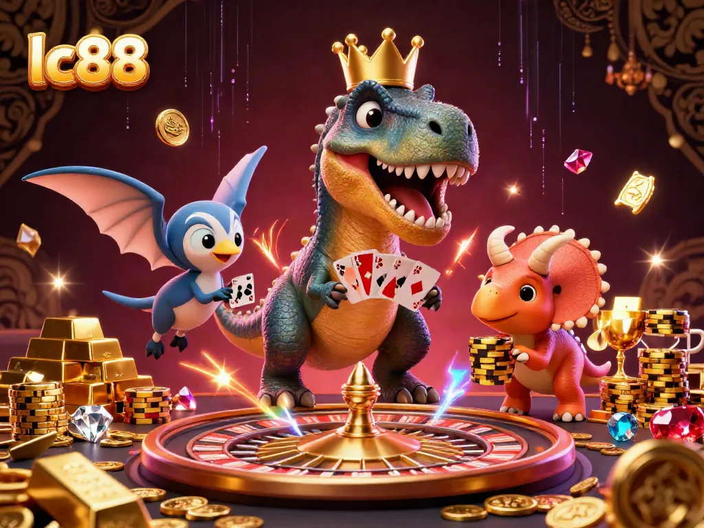 Engage in thrilling gaming with lc88 as a T-Rex shuffles poker cards and friends cheer, sparkling with jewels.