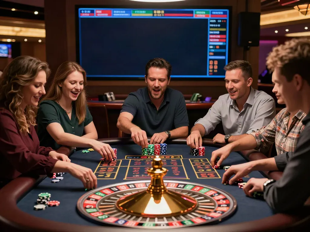 Lively vin88 casino scene with diverse players at roulette, capturing excitement and colorful betting chips.