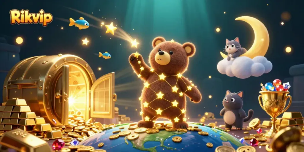 Experience exciting wins with Rikvip in this captivating 3D casino scene filled with treasures.