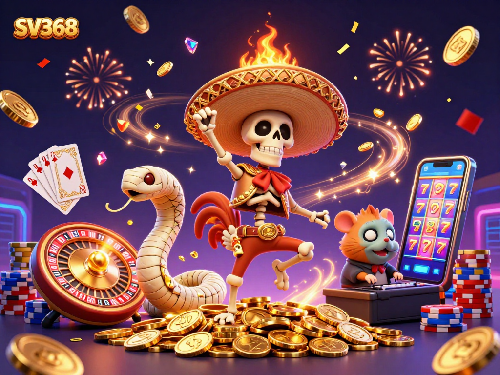 Celebrate big wins with SV368's lively 3D casino scene featuring a dancing mariachi rooster and vibrant poker elements.