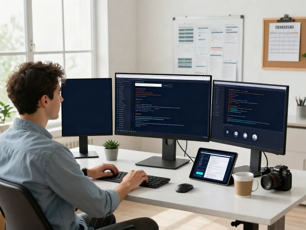 Instant indexing workspace showing a professional analyzing search engine data at multiple monitors.