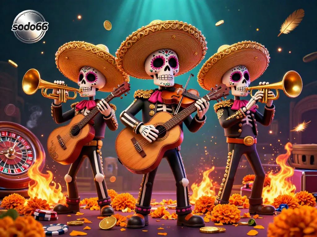 Sodo66 offers an immersive casino experience with a vibrant mariachi band amidst poker chips and a roulette wheel.