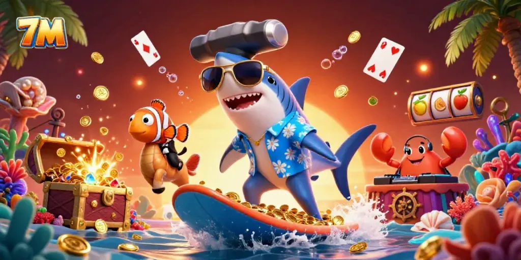 Experience thrilling moments with 7M as a shark navigates a sea of gold coins, symbolizing winning strategies.