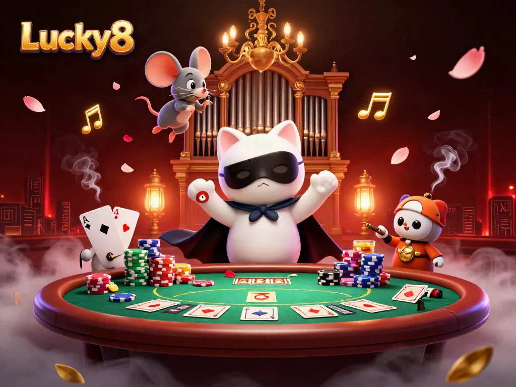 Engage in thrilling Lucky8 casino action featuring a whimsical cat and acrobat with poker elements.