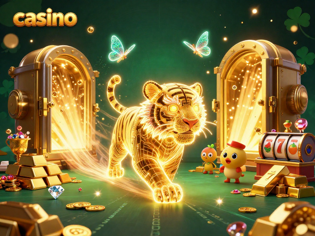Experience the vibrant casino energy with a golden tiger and dazzling jewels.
