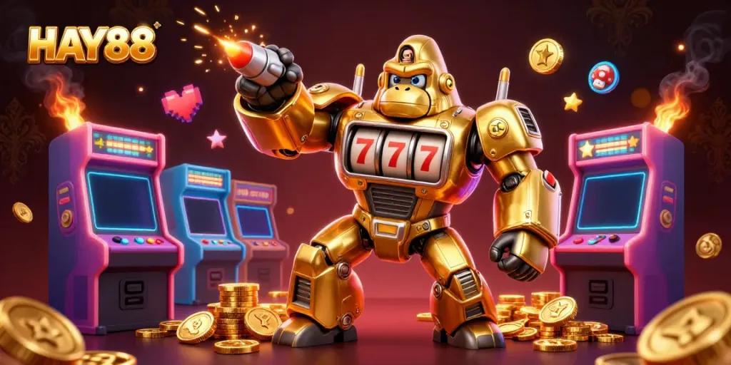 Experience exhilarating gaming action with HAY88's golden gorilla mech in an immersive carnival atmosphere