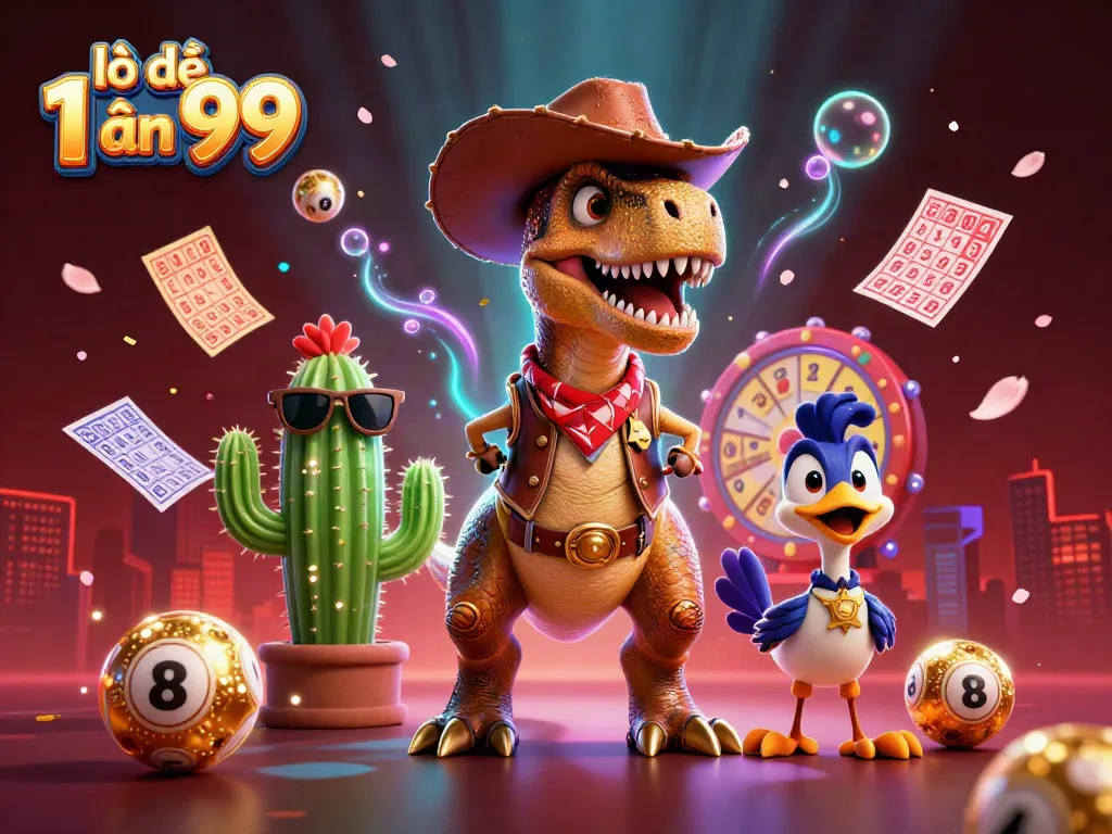 Join the lô đề 1 ăn 99 adventure with a T-Rex cowboy in a vibrant casino scene.