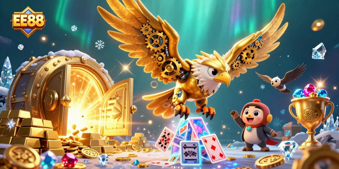 Experience thrilling gameplay with EE88's vibrant casino elements, featuring golden treasures and holographic cards.