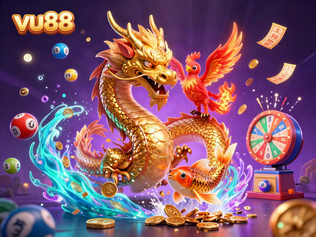 Experience the excitement of vu88 with a vibrant 3D casino scene featuring a golden dragon and vibrant lottery elements.