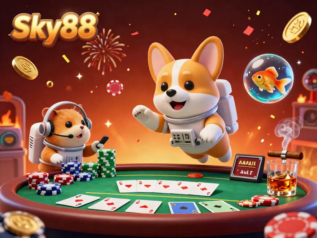 Engage in thrilling casino action with Sky88 as a cartoon astronaut corgi and friends float in a whimsical gaming cosmos.