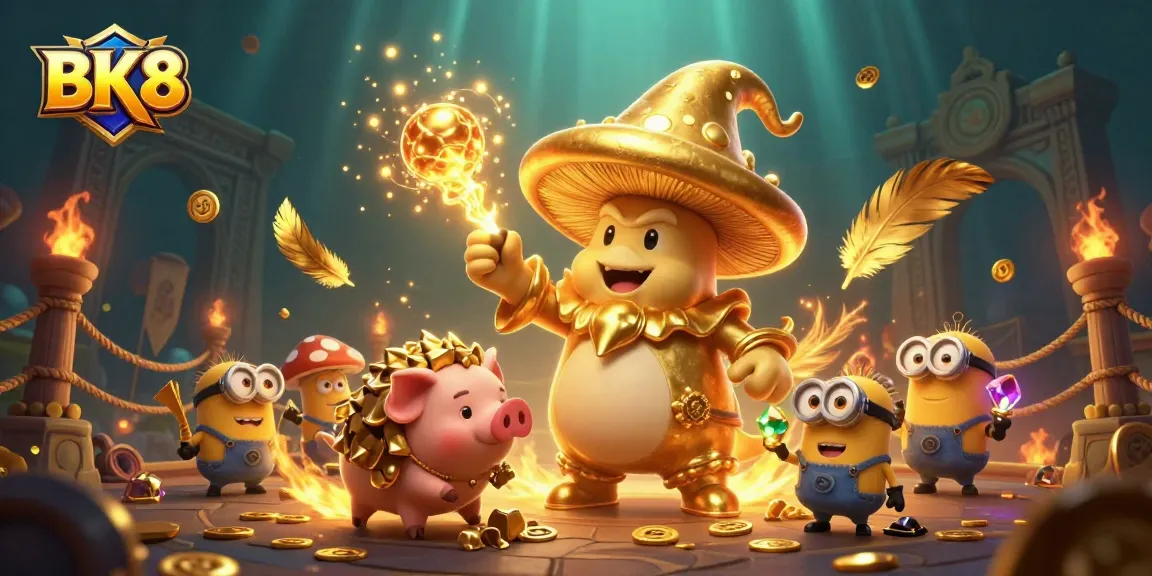 Experience winning moments with BK8 in a magical casino with golden treasures and playful characters.