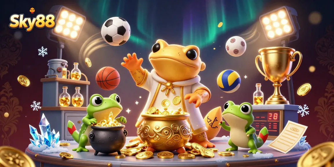 Sky88 showcases a vibrant gambling scene with thrilling sports betting and golden treasures.