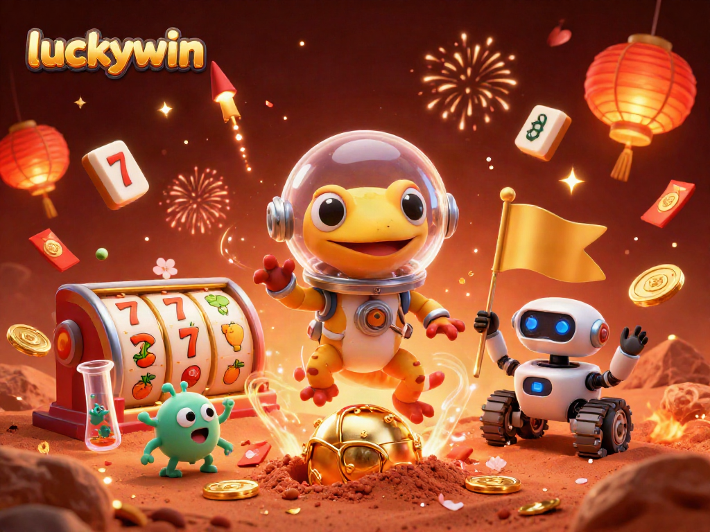 Engage with luckywin's dynamic 3D casino scene featuring a Martian gecko unearthing treasures.