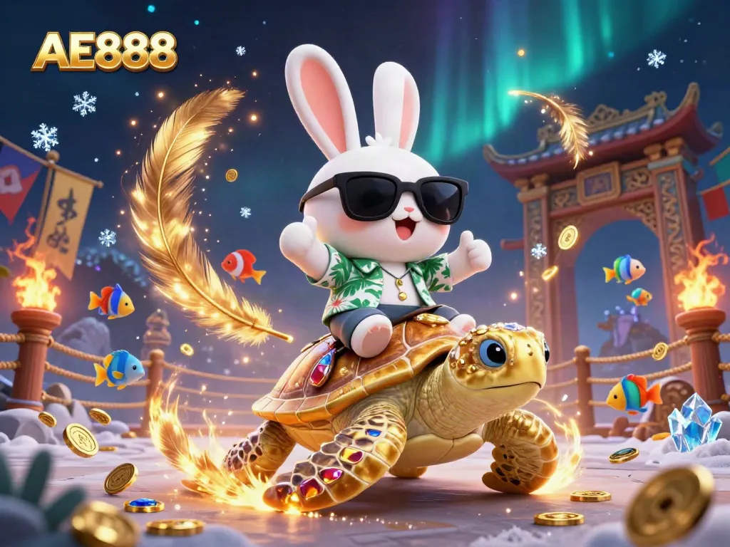 Engage with AE888's vibrant 3D illustration of a lucky rabbit and golden turtle in a dynamic casino-themed scene.