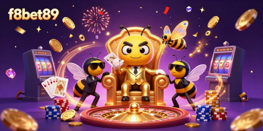 Spin to win at f8bet89 with a whimsical casino scene featuring vibrant characters and game elements.