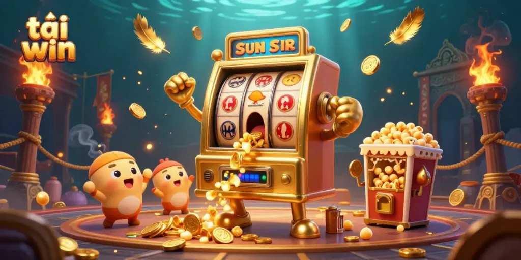 Experience the excitement of tải sun win with this animated slot machine and cheering companions!