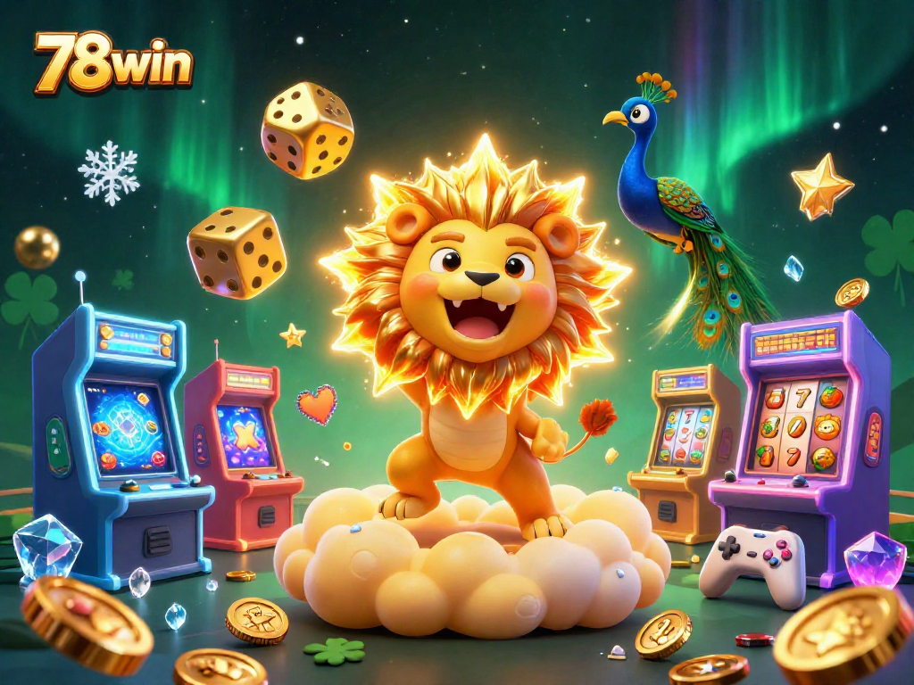 Engage with 78win's exciting slots and jackpots through colorful 3D illustration of gaming elements.