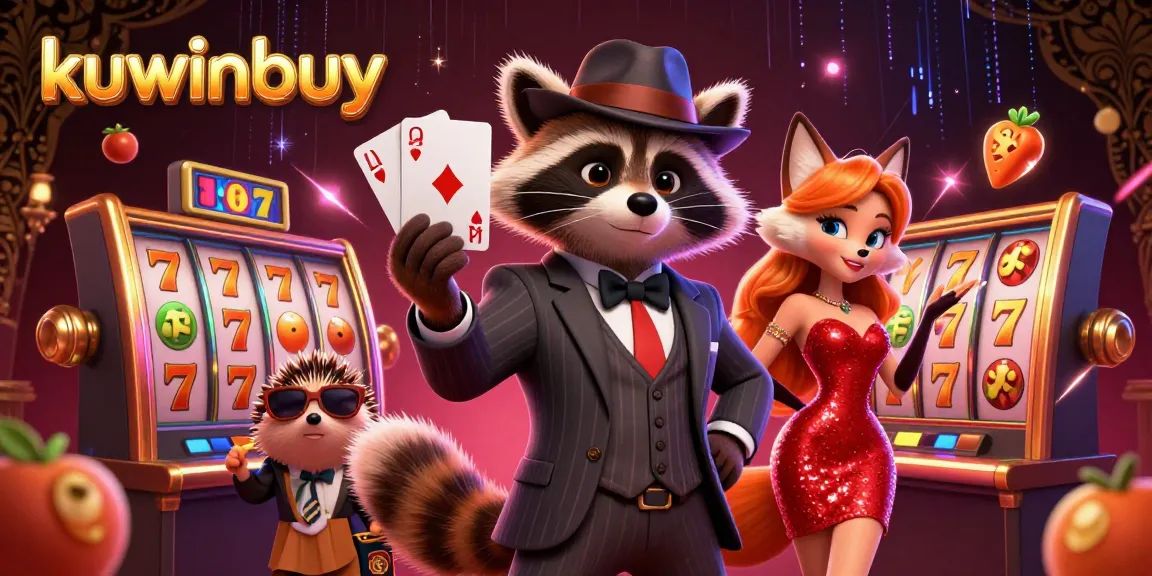 Join the exciting kuwinbuy casino experience with a suave raccoon and glamorous companions showing off their winning moments.