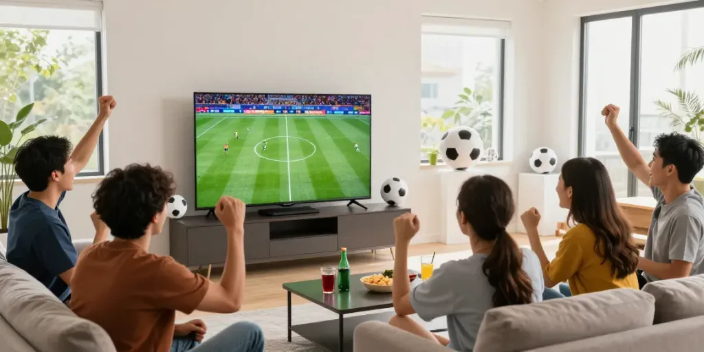 Friends watching Thapcamtv live football match in a cozy living room.