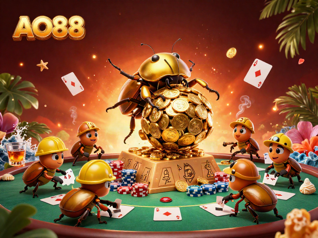 Engage with the exciting AO88 gaming world through golden beetles rolling coins in a vibrant casino scene.