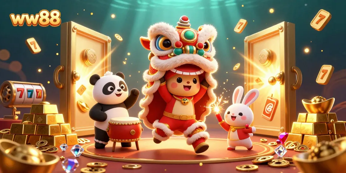 Experience exciting games at ww88 with a vibrant casino-themed illustration showcasing a lucky lion dance amidst golden treasures.