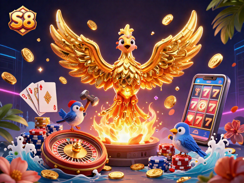 S8 showcases elite 3D casino action with a molten phoenix, golden coins, and vibrant game elements.