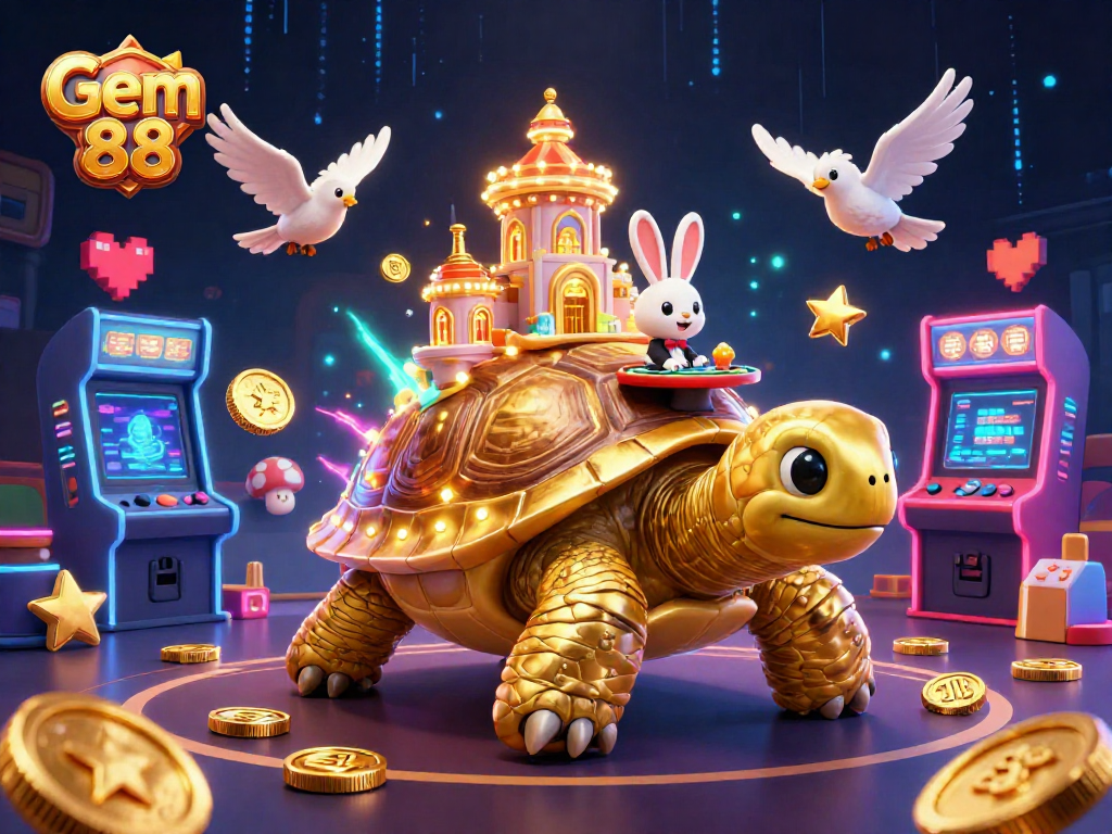 Experience thrilling card games at Gem 88's colorful casino scene, showcasing vibrant characters and rich gaming elements.