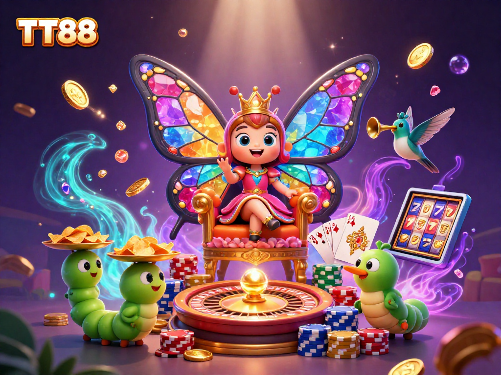 Experience TT88's vibrant casino atmosphere with a captivating butterfly queen and dynamic gameplay elements.